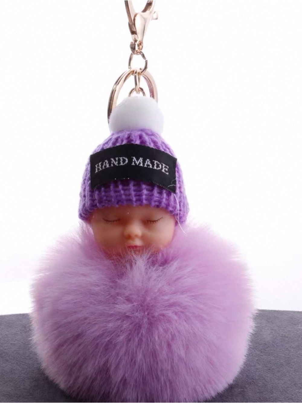 Cute Sleeping Baby Doll Light Purple Pom Pom Keychain Bag Charm
